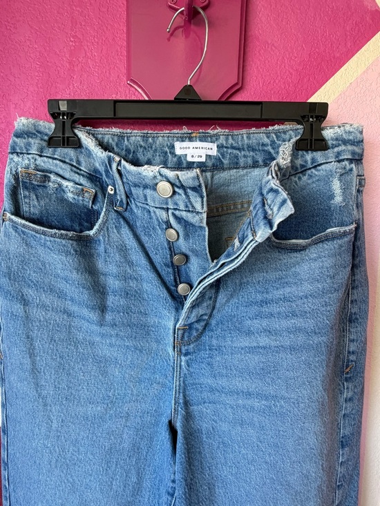 Good American Denim - Good American High Rise Button Fly Raw Hem Distressed Jeans Size 8/29 Light Wash